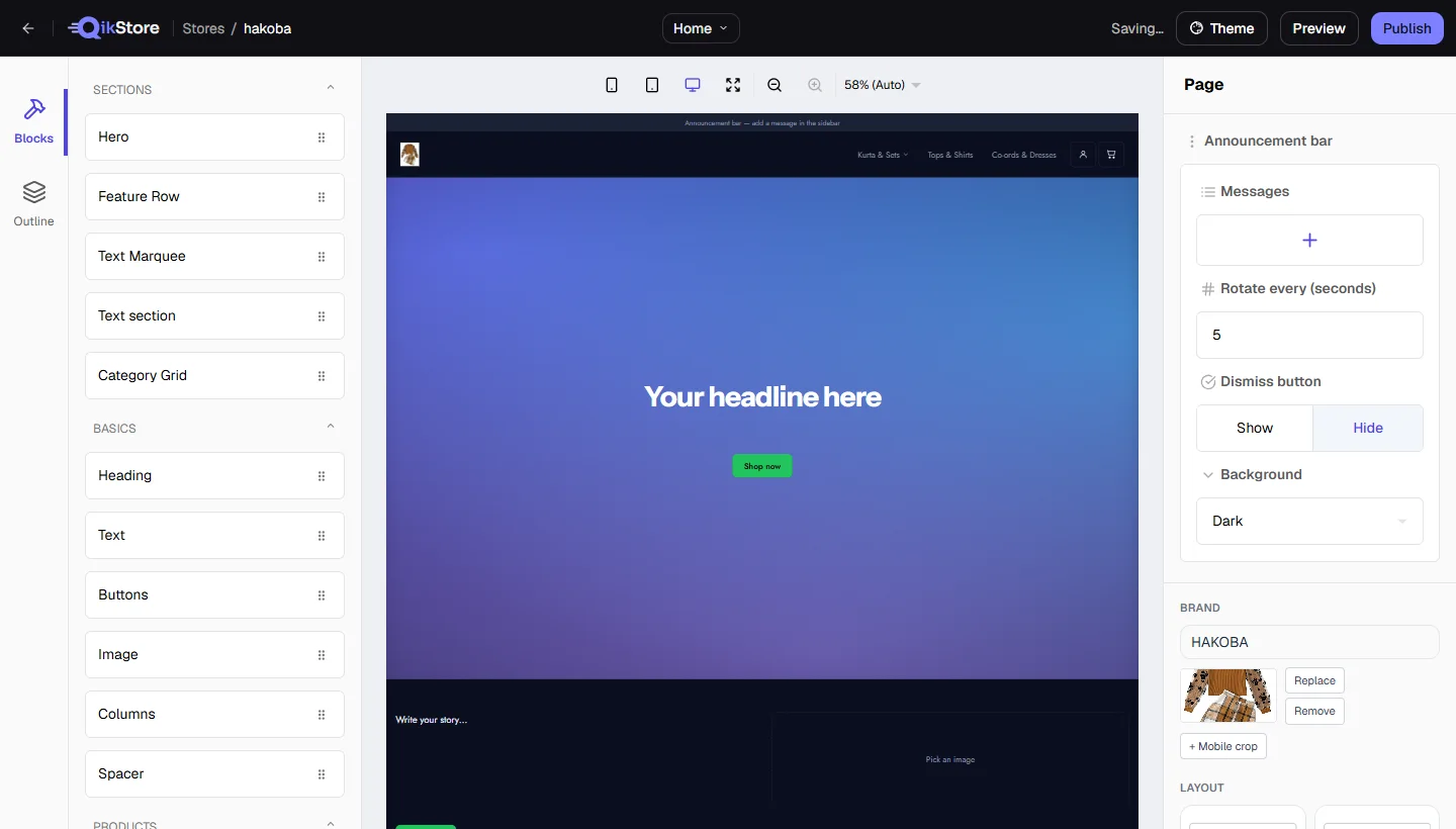 The QikStore editor with a saree store open: sections on the left, live preview in the middle, settings on the right